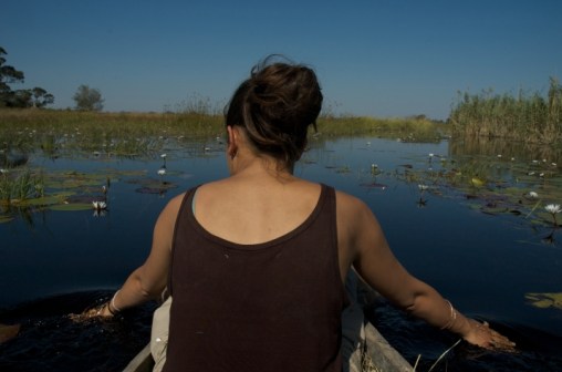 on the narrow makoro sailing through water lilies