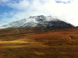 fall colours and snow-topped mountains