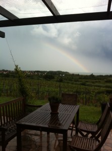 a rainbow peeks thru the storm