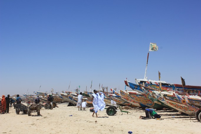 the Mauritanians, the fishing boats, and one praying muslim at the Port de Peche, Nouakchott
